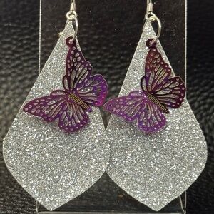 Glittering Silver Faux Leather Earrings with Purple Butterfly Charms